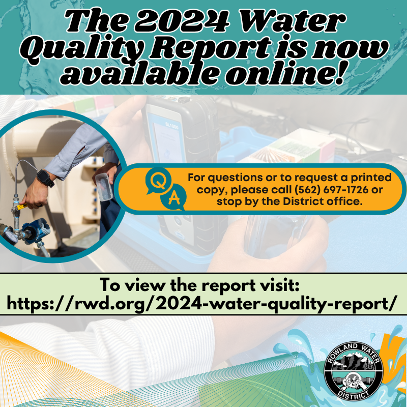 📢Check out Rowland Water District's 2024 Annual Water Quality Report!

💧Visit rwd.org/2024-water-qua… to view your 2024 Annual Water Quality Report.

If you have questions or would like a paper copy of this report, please call (562) 697-1726 or stop by the District office.