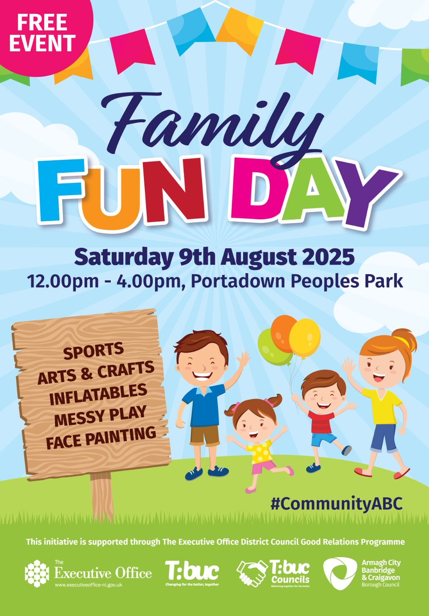ABC Council (@abcb_council) on Twitter photo Join us for a fantastic Family Fun Day in Portadown Peopleโs Park on Sat 9 Aug from 12pm โ 4pm. Enjoy action packed fun & games plus fabulous face painting, incredible inflatables, amazing arts & crafts and much more! 
More at: ๐ bit.ly/4f4u7S9
#CommunityABC #GRW25 Join us for a fantastic Family Fun Day in Portadown Peopleโs Park on Sat 9 Aug from 12pm โ 4pm. Enjoy action packed fun & games plus fabulous face painting, incredible inflatables, amazing arts & crafts and much more! 
More at: ๐ bit.ly/4f4u7S9
#CommunityABC #GRW25
