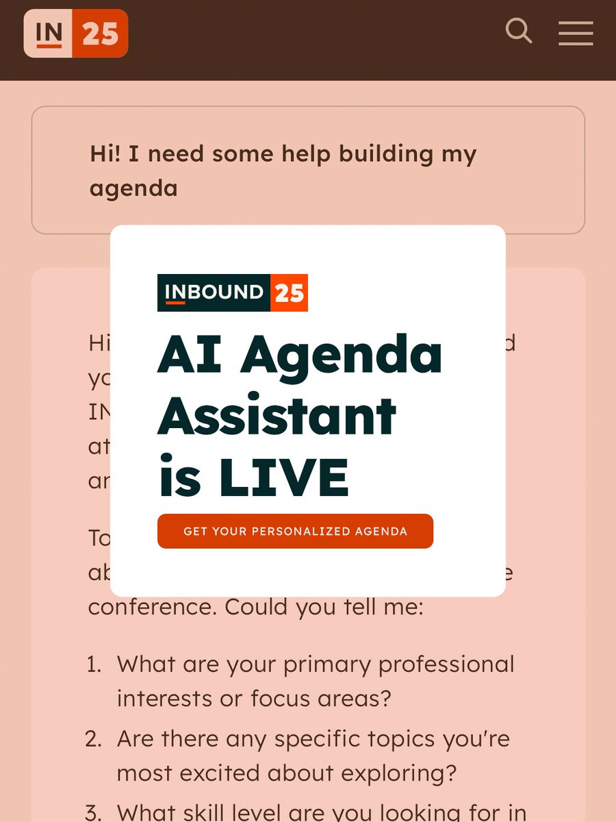INBOUND's tweet image. You're about to be the most prepared person at #INBOUND25 🤜🤛 Our AI Agenda Assistant helps you strategize now - so you'll be fully ready when session reservations open in August, & take in the insights that are most relevant to you in September: bit.ly/3INTE5T