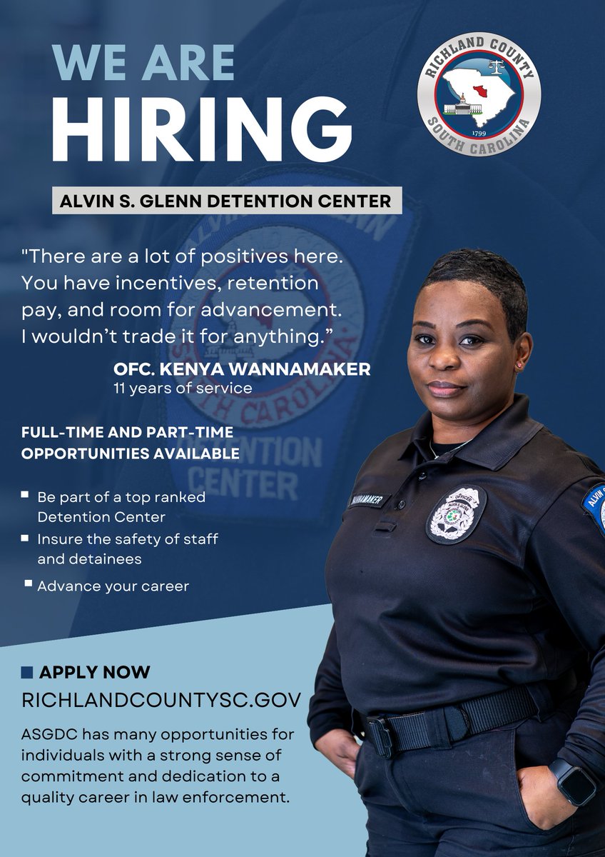 RichlandSC's tweet image. Want to play a role in protecting others?
The Alvin S. Glenn Detention Center (ASGDC) is seeking individuals devoted to public safety.
ASGDC has opportunities for people with strong commitment and dedication.
Apply today: bit.ly/444qDIZ!
#RichlandCountySC