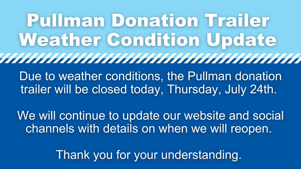 GoodwillINW's tweet image. Too Hot to Handle! The Pullman Donation Trailer is CLOSED TODAY due to the heat.

Hold donations or visit us in Moscow, ID. Thanks for keeping it cool, Pullman! 💙😎 #StayCool #GoodwillPullman #DonationUpdate