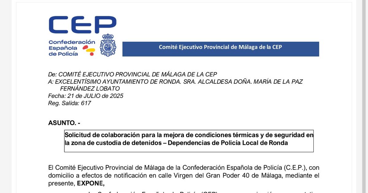 CEP Policia Malaga (@cepoliciamalaga) on Twitter photo Reunión, con el Jefe de P. Local de #Ronda por escrito dirigido a <a href="/Maripazfe/">Mari Paz Fernández</a>.El cuartito de seguridad en el <a href="/AytoRonda/">AyuntamientoRonda</a> para <a href="/policia/">Policía Nacional</a> no tiene aire acondicionado. Solicitamos colaboración para instalar un split,ya que <a href="/interiorgob/">Ministerio del Interior</a>
ni <a href="/GobiernoMalaga/">Subdelegación del Gobierno en Málaga</a> lo hará <a href="/cep_cepolicia/">CEP</a>
Sigue🔽 Reunión, con el Jefe de P. Local de #Ronda por escrito dirigido a <a href="/Maripazfe/">Mari Paz Fernández</a>.El cuartito de seguridad en el <a href="/AytoRonda/">AyuntamientoRonda</a> para <a href="/policia/">Policía Nacional</a> no tiene aire acondicionado. Solicitamos colaboración para instalar un split,ya que <a href="/interiorgob/">Ministerio del Interior</a>
ni <a href="/GobiernoMalaga/">Subdelegación del Gobierno en Málaga</a> lo hará <a href="/cep_cepolicia/">CEP</a>
Sigue🔽