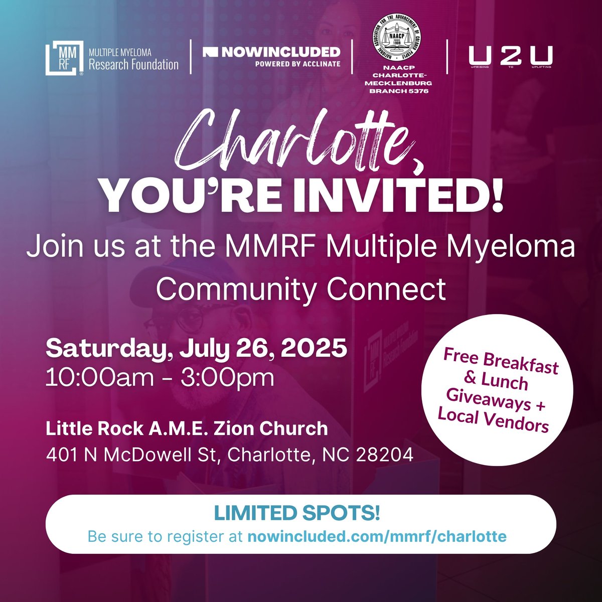 theMMRF's tweet image. Charlotte, we’re on our way! Join us on July 26 for a powerful Community Connect event with @nowincluded. Connect with others, learn about #myeloma, access resources, and hear inspiring stories. Register now: 

ow.ly/jQwP50Ws4uC