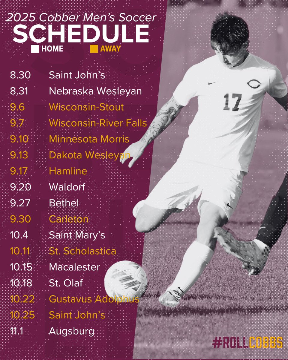 CobberSID's tweet image. ⚽Mark your calendars!
Here’s what’s ahead for the Cobber Men’s Soccer team.
#CobberSoccer #RollCobbs