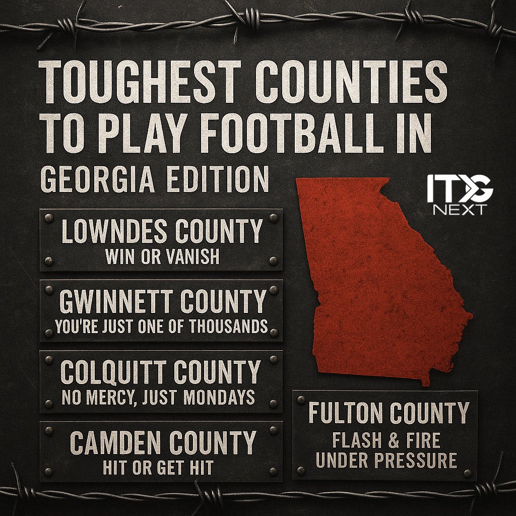 itgnext_georgia's tweet image. 🔥 Toughest Counties to Play Football In 🔥
If you and your boys play in these counties — or even have to line up against them — Godspeed. 🤣
These are the places where the stands are packed, the pressure is real, and the margin for error is ZERO.