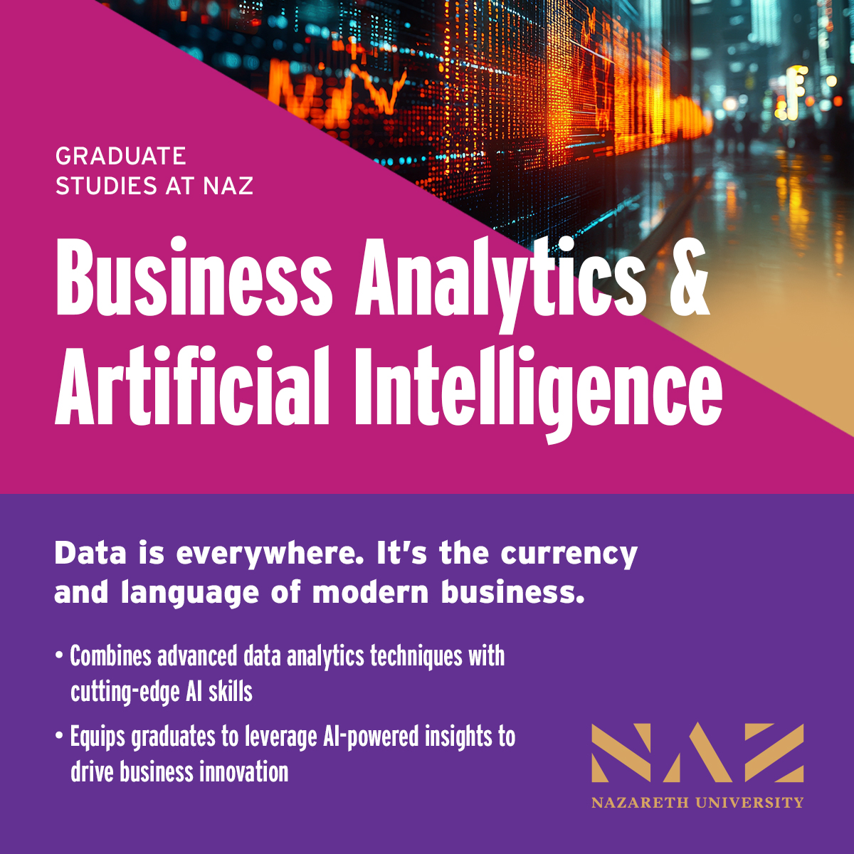 RochesterChambr's tweet image. Big data. Smart decisions. Career growth. A STEM-designated M.S. in Business Analytics &amp;amp; AI from Nazareth University sets you apart.

Apply today: go.naz.edu/baai

#ad
