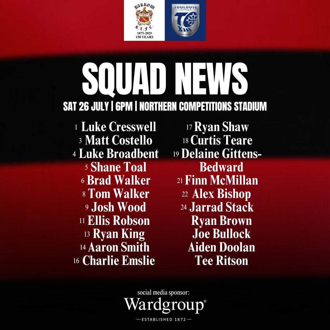 Barrow Raiders (@barrowraiders) on Twitter photo Squad news ๐
Our 21-man squad has been named ahead of Saturday's Round 19 clash against <a href="/TOXIII/">Toulouse Olympique XIII</a> โ
Buy tickets: cstu.io/77ae73 Squad news ๐
Our 21-man squad has been named ahead of Saturday's Round 19 clash against <a href="/TOXIII/">Toulouse Olympique XIII</a> โ
Buy tickets: cstu.io/77ae73