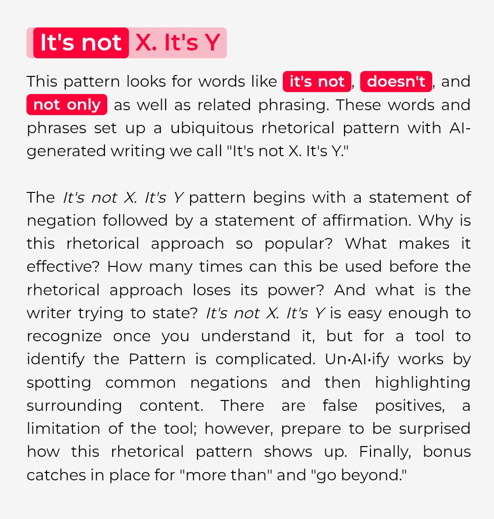 UnAIify's tweet image. How widespread is AI writing right now?
Search X for "it's not just." Scroll through so many posts using the phrase. Below, a screencap of the last 2 minutes.
The pattern is a version of the contrastive structure "It's not X. It's Y" used by generative AI, caught by @UnAIify.