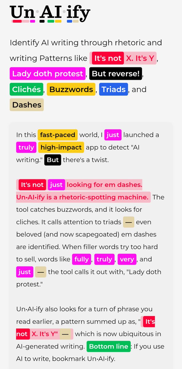 UnAIify's tweet image. How widespread is AI writing right now?
Search X for "it's not just." Scroll through so many posts using the phrase. Below, a screencap of the last 2 minutes.
The pattern is a version of the contrastive structure "It's not X. It's Y" used by generative AI, caught by @UnAIify.