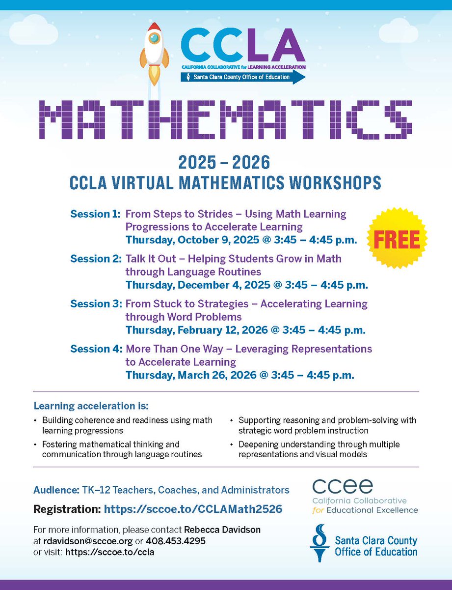 The Tulare County Office of Education is a proud partner in the California Collaborative for Learning Acceleration. We invite Central Valley educators to free, virtual workshops around accelerating student learning in mathematics. To register, visit na.eventscloud.com/ereg/index.php… .