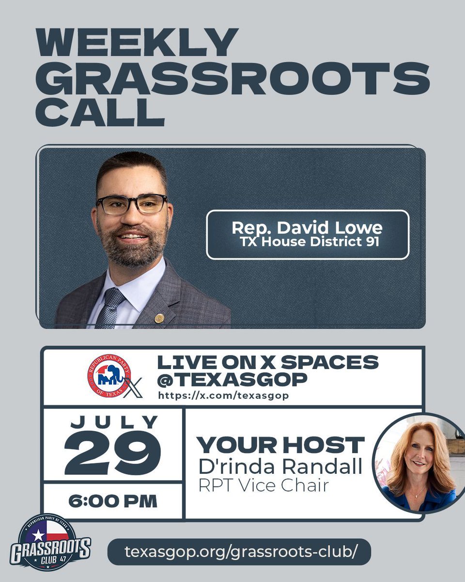 abrahamgeorge's tweet image. Next week, the Grassroots Club is back with our summer hours and a great guest! Join us Tuesday at 6 PM CST for a special X Live event featuring Representative @DavidLowe4Texas in conversation with our host, Vice Chair @drindarandall.
This conversation is open to ALL…