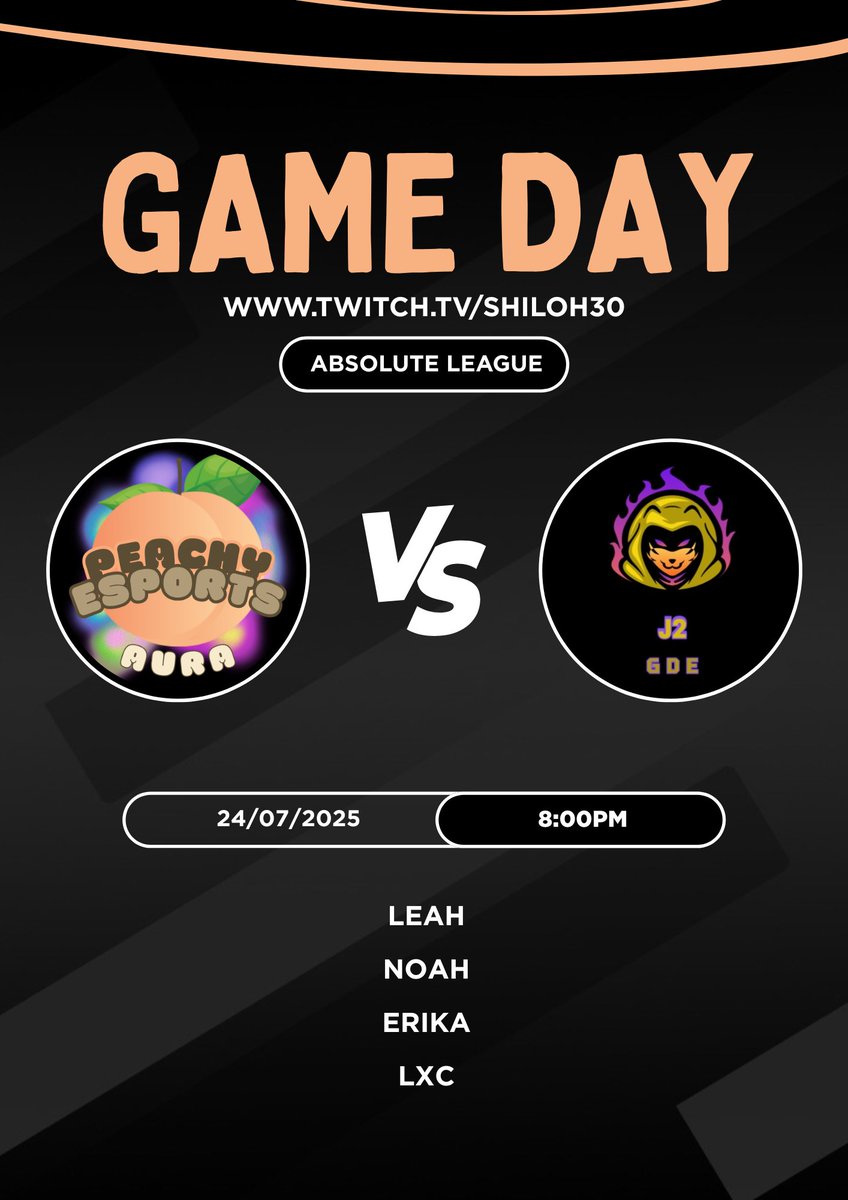🚨GAMEDAY!🚨

 Peachy Aura 🆚 J2 GDE

🟡<a href="/Absolute_League/">Absolute League</a> 
⏰ 8:00PM GMT
📹 twitch.tv/shiloh30 

🍑 <a href="/leah_sbdeez/">Leah</a> 
🍑 <a href="/noah_bradley15/">Noah</a> 
🍑 Erika
🍑 LXC