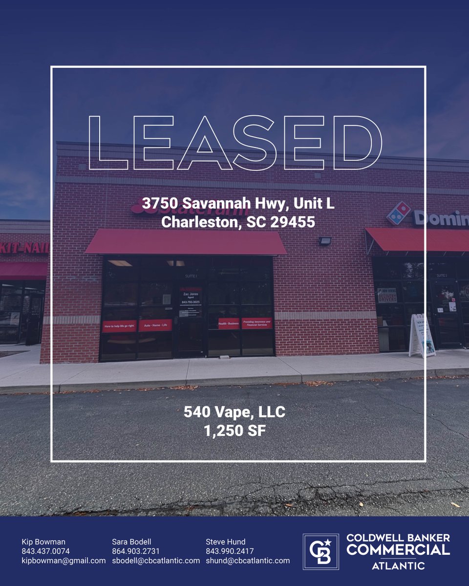 🏢 Just leased! Kip Bowman &amp; Sara Bodell of Coldwell Banker Commercial Atlantic represented the landlord in a 1,250 SF retail lease at 3750 Savannah Hwy, Charleston, SC. Steve Hund represented the tenant, 540 Vape, LLC. 👏 

#CBCAtlantic #RetailLease #CharlestonCRE