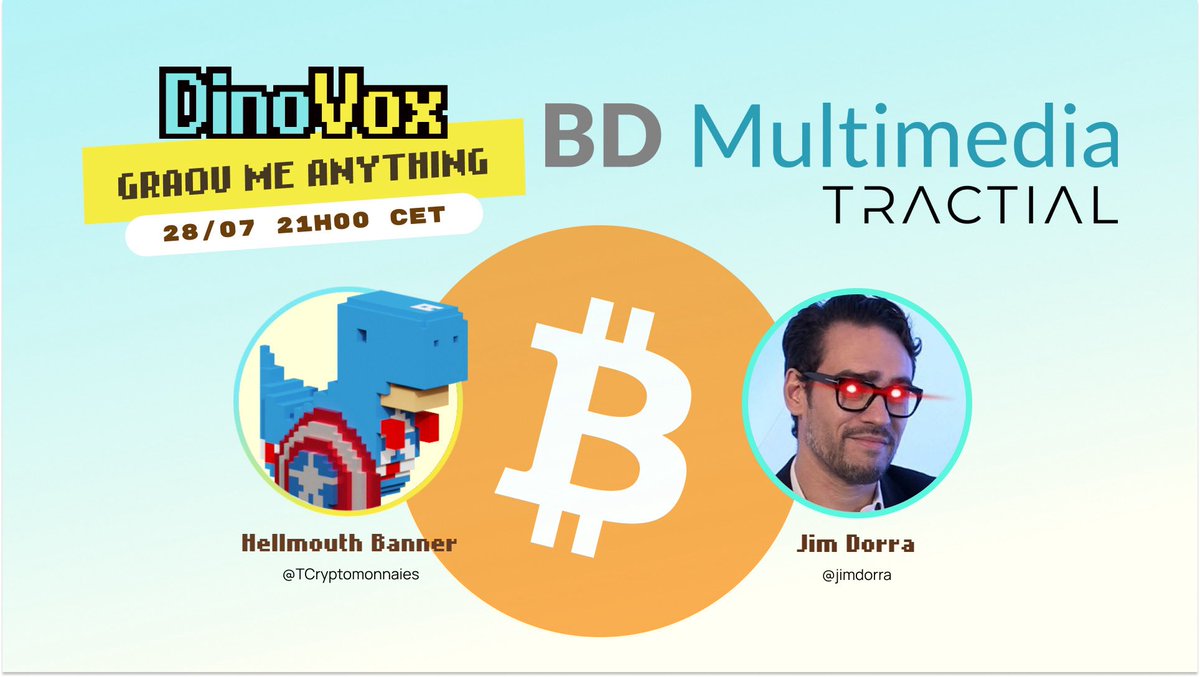 Alerte GRAOU ME ANYTHING ☄️ 

Si vous aimez les Dinos et le #Bitcoin, alors vous devez venir faire GRAOU avec nous le 28 juillet à 21h CET. 🦖

Avec comme invité <a href="/jimdorra/">Jim Dorra ⚡️⚡️ALBDM</a> de chez <a href="/tractialX/">BDM Tractial</a>. 🎙️

Conversation passionnante et cadeau seront au rendez-vous !

discord.com/events/1013442…