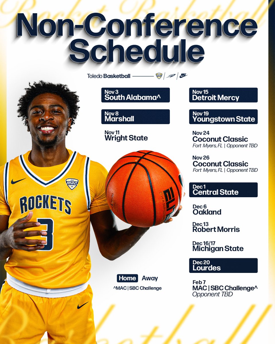 Toledo_MBB's tweet image. Our '25-26 non-conference schedule is locked in! 🔒 #TeamToledo
🔵 4 of first 5 games at home
🟡 Mid-December matchup at Michigan State
📰: tinyurl.com/2x9vusd6
🔗: utrockets.com/mbbschedule