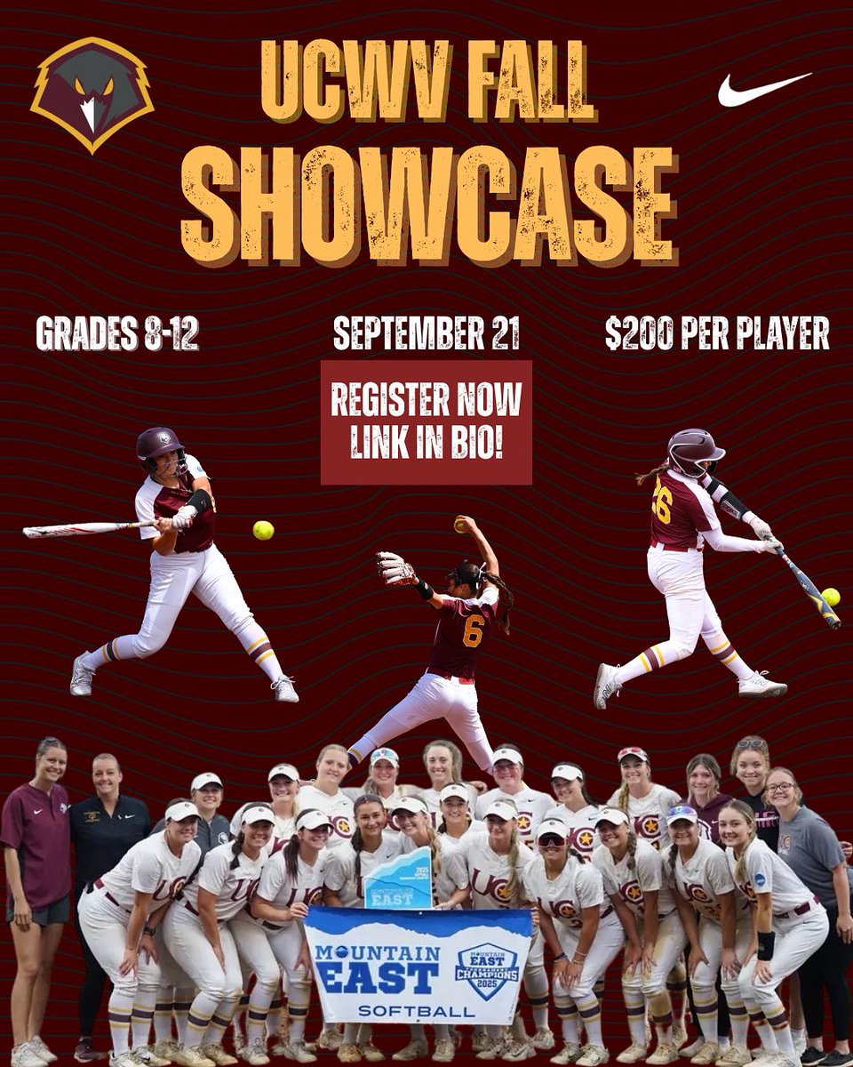 UC Fall Showcase Camp Registration is now open! Join UC staff and players for a showcase camp on September 21, open to grades 8-12! See you there!

🗓️ September 21, 2025
📍UC Softball Field 
⏱️ Registration 9am, Camp 9:30
🔗 Link in bio

#WingsUp🦅