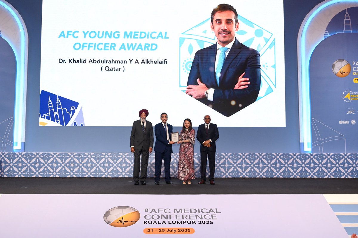 We're thrilled to announce that Aspetar's sports surgery consultant, Dr. Khalid Al-Khelaifi, has been honored with the AFC Young Medical Officer Award at the 8th AFC Medical Conference in Kuala Lumpur!
His groundbreaking work in football medicine truly highlights Aspetar's