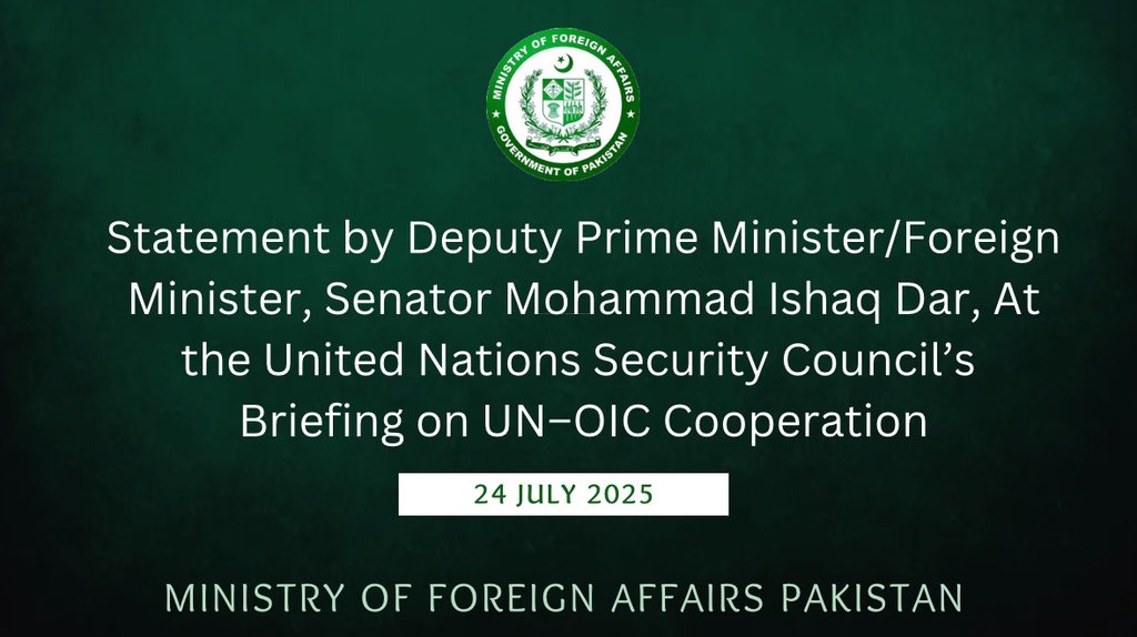 ForeignOfficePk's tweet image. Statement by Deputy Prime Minister/Foreign Minister of Pakistan, Senator Mohammad Ishaq Dar @MIshaqDar50 , At the Security Council Briefing on UN–OIC Cooperation.
🔗⬇️
mofa.gov.pk/press-releases…