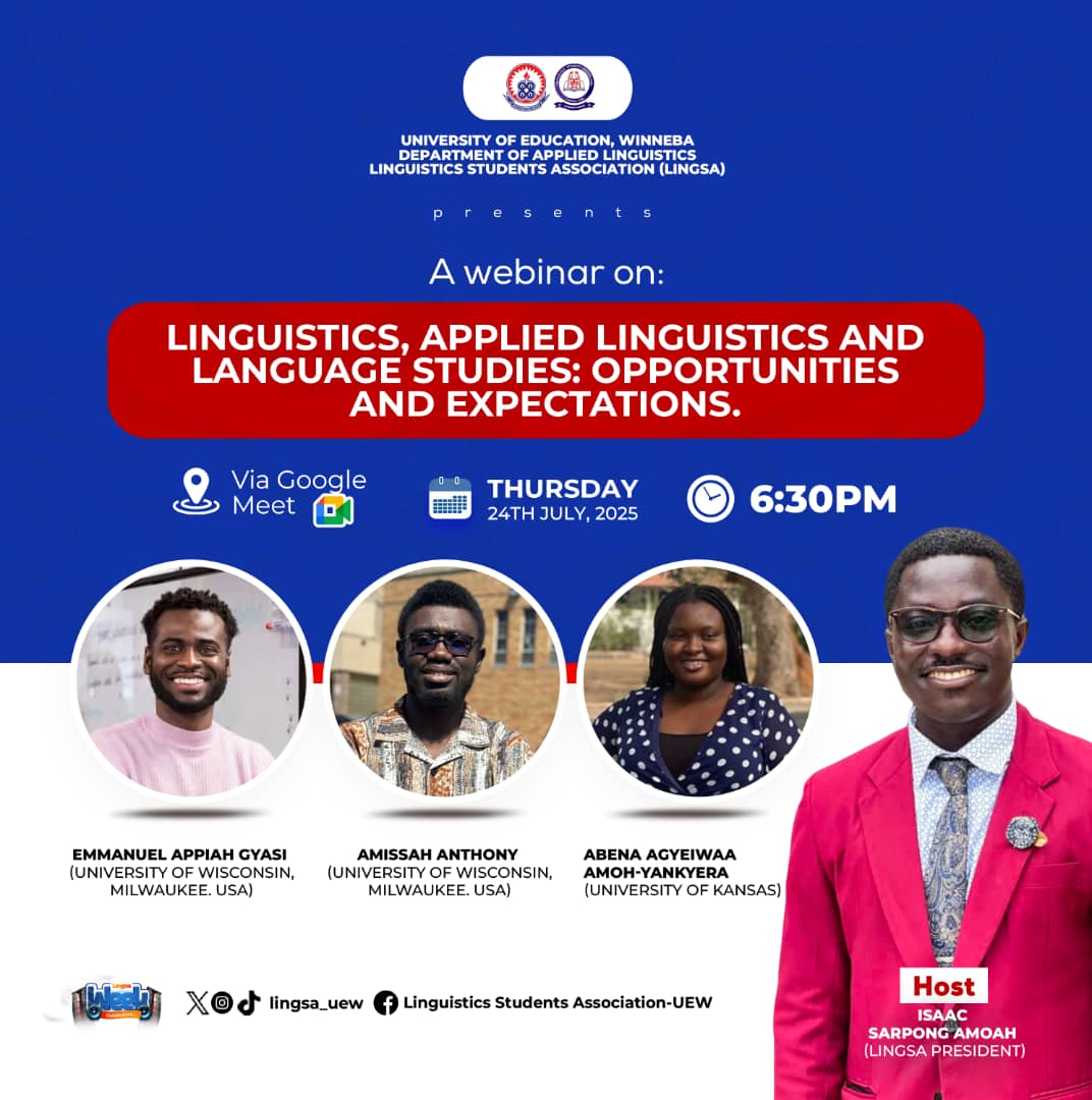 Join us for an insightful webinar on Linguistics, Applied Linguistics, and Language Studies: Opportunities and Expectations. Don’t miss out 🔥 

Tap on the link below to join the lingsa webinar on Google Meet at exactly 6:30pm...😊
meet.google.com/dnu-uyio-rjj
