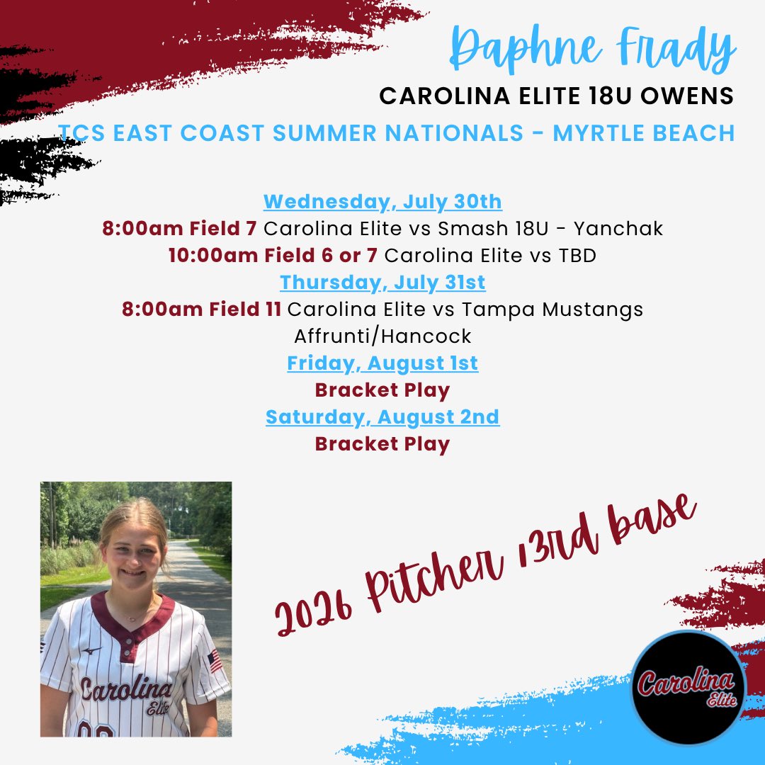 Last Summer tournament is at TCS East Coast Summer Nationals in Myrtle Beach. I’m looking forward to playing one last tournament with our Seniors. <a href="/EliteOwens/">Carolina Elite Owens</a> <a href="/NGUSoftball_/">NGU Softball</a> <a href="/ErskineSoftball/">Erskine Softball</a> <a href="/mrscoachobrien/">Taylor O’Brien</a> <a href="/CoachpooleU/">CoachPoole_USCA</a> <a href="/Maddie_Evans7/">Maddie Evans Gibbs</a> <a href="/Coach_TMeds/">Tonya Medders</a> <a href="/CoachJDeitz/">Jason Deitz</a> <a href="/kimberlybraxton/">kimberly Braxton</a>