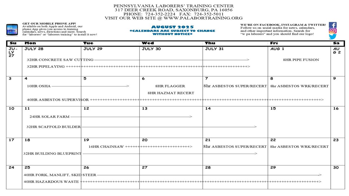 Laborers373's tweet image. The heat of the summer is upon us! If you&apos;re not working, take a class in OSHA, Asbestos, Flagging, Solar Farm, Scaffold Building, Blueprint Reading, Chainsaw, Hazardous Waste, or Forklift, Manlift, Skid Steer classes. Call us to schedule: 724-352-2224.

palabortraining.org