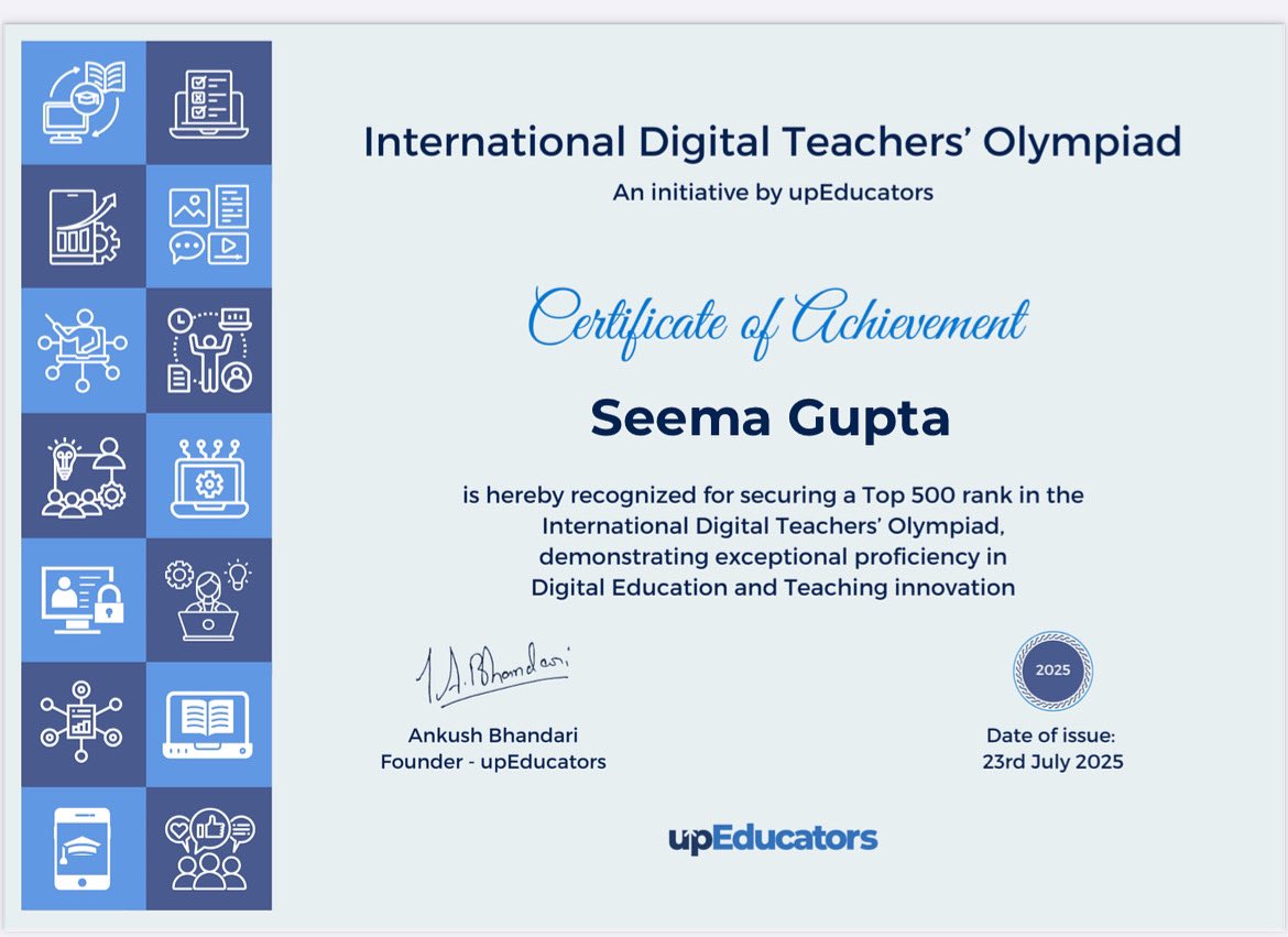 seemagu68830398's tweet image. Happy to be among the Top 500 participants in the InternationalDigital Olympiad 2025  Thank you #upeducators  #upeducatorsofficial  In the digital age, my commitment is to lifelong learning and empowering others through accessible, innovative education