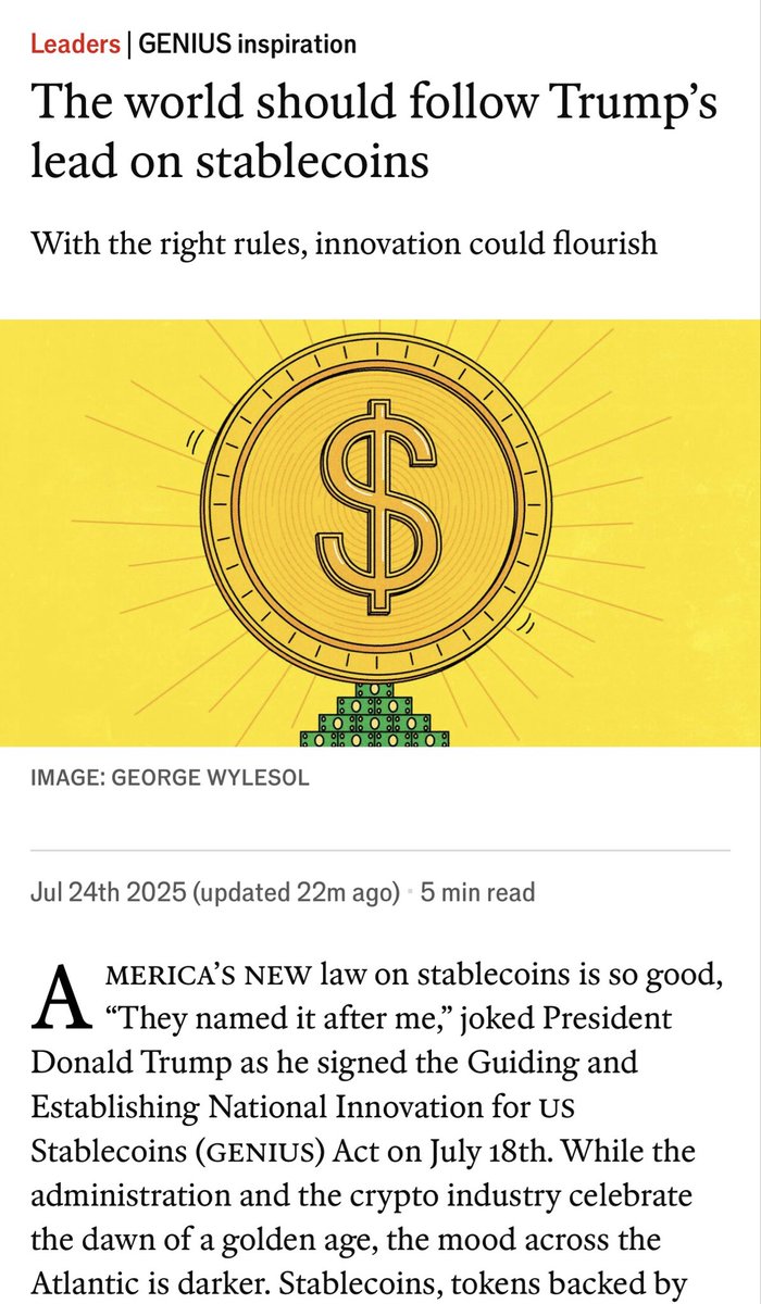 Faryar Shirzad 🛡️ (@faryarshirzad) on Twitter photo Good to see <a href="/TheEconomist/">The Economist</a> softening on crypto and stablecoins.
“In fact, the rest of the world should swallow its doubts and follow America. Stablecoins hold out the potential for much-needed innovations in the world’s payment systems. If they are regulated well—as the genius Good to see <a href="/TheEconomist/">The Economist</a> softening on crypto and stablecoins.
“In fact, the rest of the world should swallow its doubts and follow America. Stablecoins hold out the potential for much-needed innovations in the world’s payment systems. If they are regulated well—as the genius