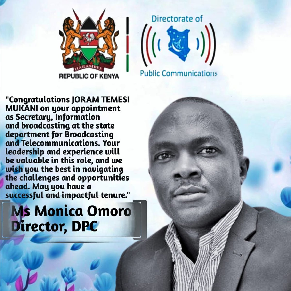 Directorate of Public Communications (@dpubliccomms) on Twitter photo On behalf of the Directorate of public Communicatios (DPC) , I extend my warmest congratulations to you on your appointment as the Secretary, Information and broadcasting at the State Department for Broadcasting and Telecommunications.
<a href="/MoICTKenya/">Ministry of Info, Comms & The Digital Economy KE</a>
<a href="/KenyaNewsAgency/">Kenya News Agency - Department of Information</a> On behalf of the Directorate of public Communicatios (DPC) , I extend my warmest congratulations to you on your appointment as the Secretary, Information and broadcasting at the State Department for Broadcasting and Telecommunications.
<a href="/MoICTKenya/">Ministry of Info, Comms & The Digital Economy KE</a>
<a href="/KenyaNewsAgency/">Kenya News Agency - Department of Information</a>