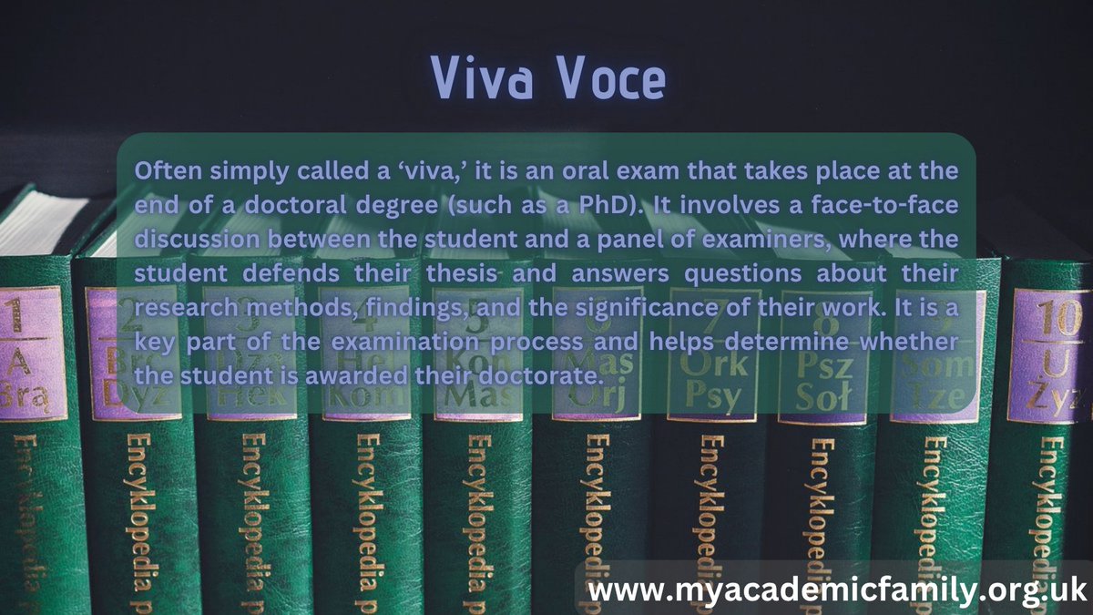 🎓 Today's Term: Viva Voce
Finishing a doctorate doesn’t end with handing in your thesis, and that’s where this term comes in.
Explore more from our #Encyclopedia of #University Terms and get clear on the details universities don’t always explain.

👉 myacademicfamily.org.uk