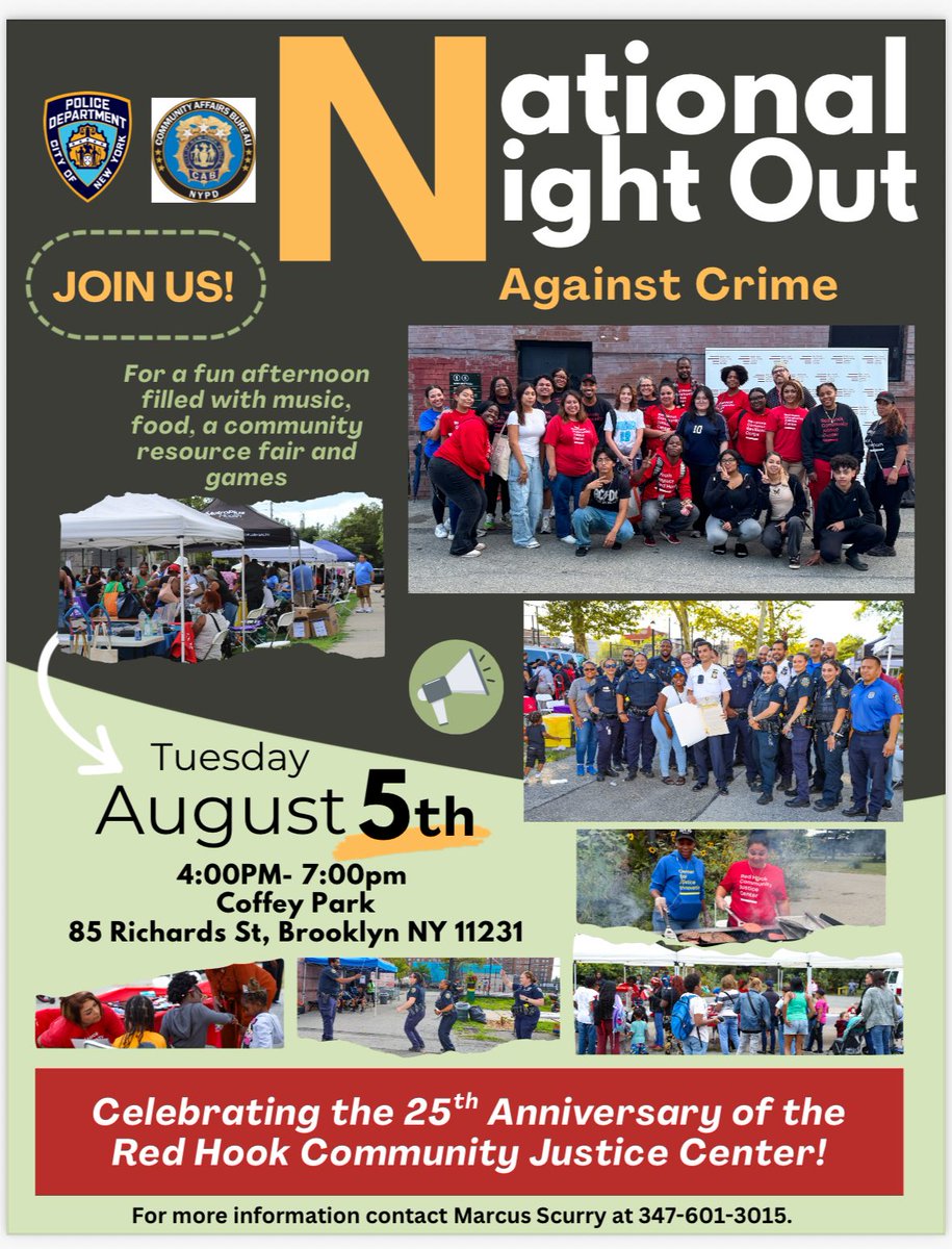 📣Join us for our ⭐️Annual National Night Out Against Crime⭐️ on Tuesday, August 5th from 4-7pm at Coffey Park (85 Richards Street)‼

This year will be extra special as we also
celebrate the Justice Center’s 🎉25th Anniversary 🎉.