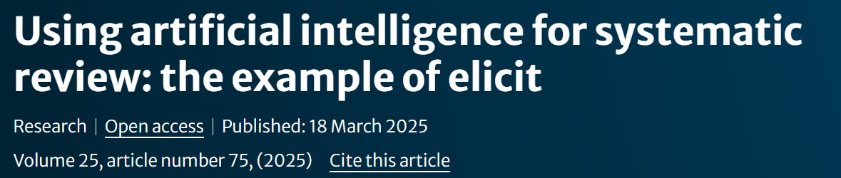 Pot la IA ajudar en les revisions sistemàtiques? 
L'estudi de Bernard et al. (2025) analitza Elicit i la compara amb la revisió clàssica. Criteris:✅Repetibilitat ✅Precisió ✅Fiabilitat
Pots llegir-ho: link.springer.com/article/10.118…  #IAGen #Intel·ligènciaArtificial #BibliotequesSalut