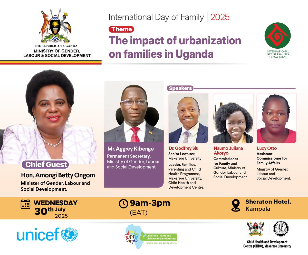 PfR_Uganda (@ugandapfr) on Twitter photo 2/2
The event's key speakers include;
Dr. Godfrey Siu, <a href="/Makerere/">Makerere University</a> and a team from <a href="/Mglsd_UG/">Ministry of Gender, Labour and Social Development</a> comprising Mr. Aggrey Kibenge, PS; Naumo Juliana Akoryo, Commissioner for family & Culture, & Lucy Otto, Assistant Commissioner for family affairs.
#InternationalDayOfFamilies #Families 2/2
The event's key speakers include;
Dr. Godfrey Siu, <a href="/Makerere/">Makerere University</a> and a team from <a href="/Mglsd_UG/">Ministry of Gender, Labour and Social Development</a> comprising Mr. Aggrey Kibenge, PS; Naumo Juliana Akoryo, Commissioner for family & Culture, & Lucy Otto, Assistant Commissioner for family affairs.
#InternationalDayOfFamilies #Families