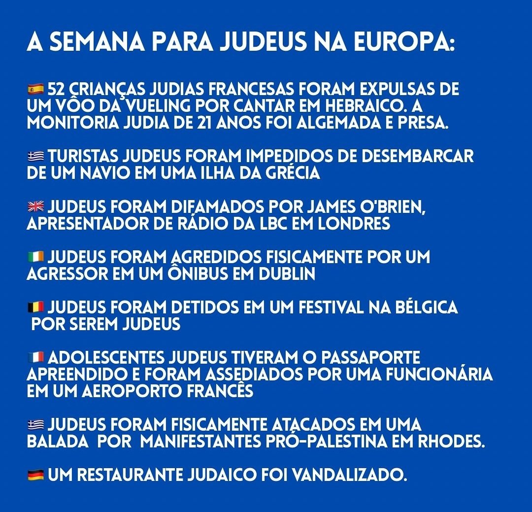 GBonomi_SP's tweet image. Essa é uma lista de crimes cometidos contra judeus na Europa — só essa semana.
E ainda há imbecil que fala em "vitimismo" quando judeus denunciam antissemitismo em atos e posturas pró-Palestina.
É isso o que o "anti-sionismo" representa na prática. Voltamos a 1939?
