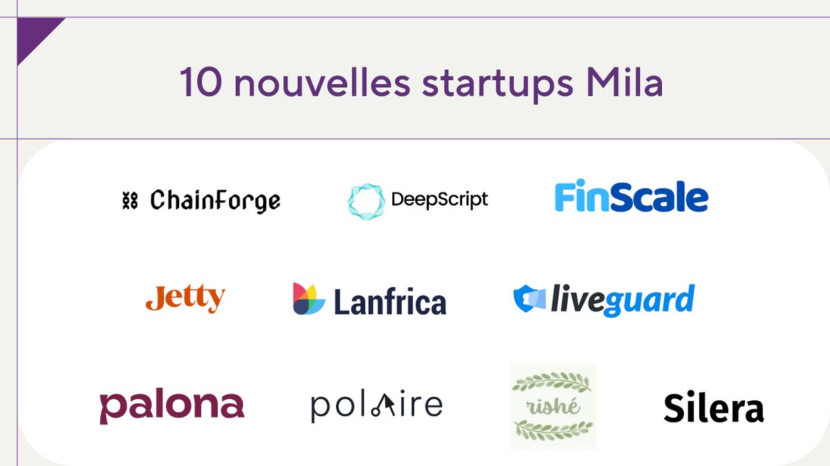 Mila_Quebec's tweet image. Le Lab d’entrepreneuriat de Mila est heureux d’accueillir 10 nouvelles startups au sein de sa communauté. Ces jeunes entreprises utilisent l’IA de pointe pour relever des défis concrets et stimuler l'innovation. Bienvenue à toutes! Visitez la page du eLab pour voir l'ensemble des…