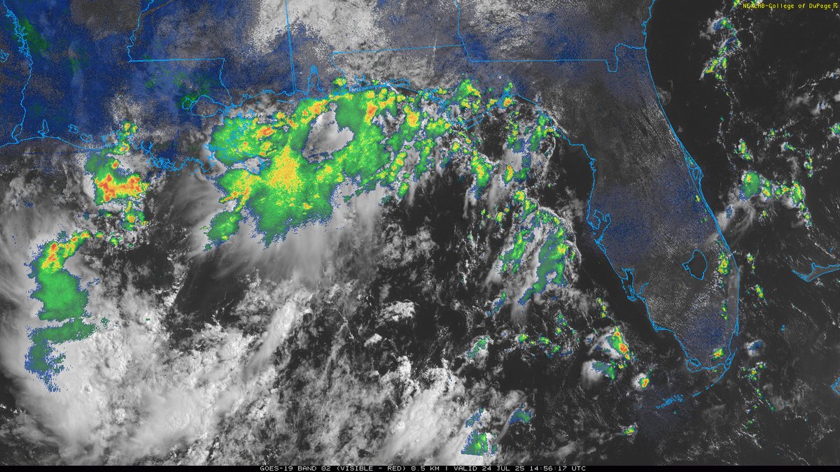 SheaGibsonWx's tweet image. The area being watched in the Gulf is remaining low at a 10% chance. Lots of NE wind shear in that region with a lack of organization. Heavy rains and storms will be the main concerns for that zone of activity.