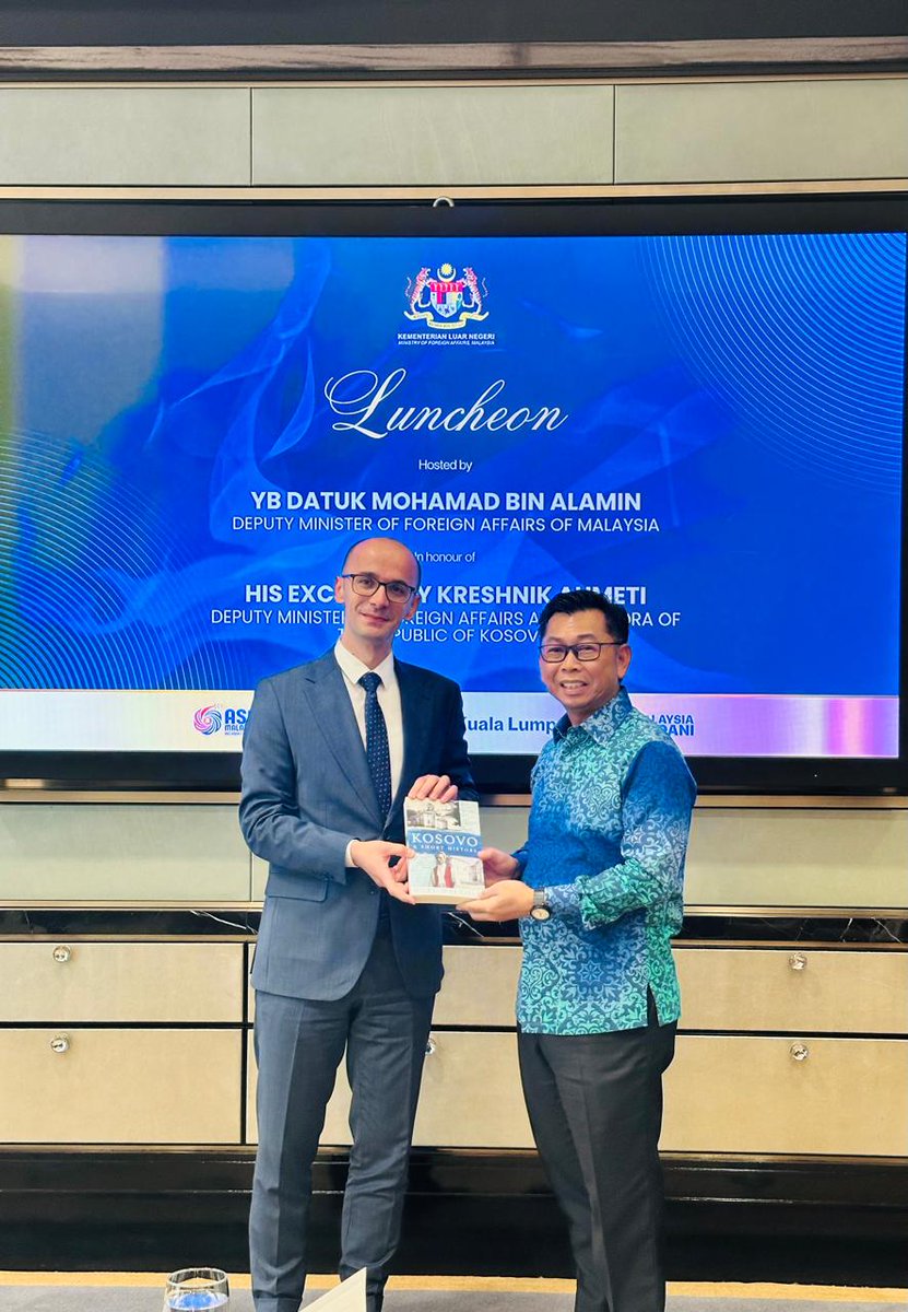 A productive meeting with the Deputy Foreign Minister of Malaysia, Datuk Mohamed Alamin. We officially launched the mechanism for political consultations between our MFAs, an important step to deepen Kosovo–Malaysia relations and expand cooperation across various fields.
 🇽🇰🇲🇾
