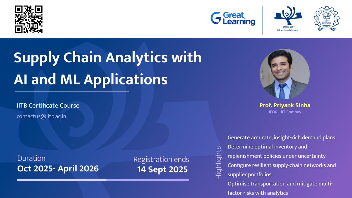We’re thrilled to launch a brand-new Certificate Course on “Supply Chain Analytics with AI and ML Applications”, led by Prof. Priyank Sinha from <a href="/iitbombay/">IIT Bombay</a> 

<a href="/greatlearn/">Great Learning</a> 

Register at: mygreatlearning.com/iit-bombay-sup…