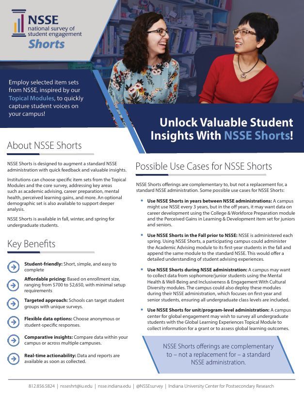 NSSE Shorts is a new survey offering aimed at providing targeted student insights. See Possible Use Cases below to learn how it works with NSSE.

Registration close: Oct. 3
Survey administration begins: Sept. 1

Learn more: nsse.indiana.edu/nsse/nsse-shor…