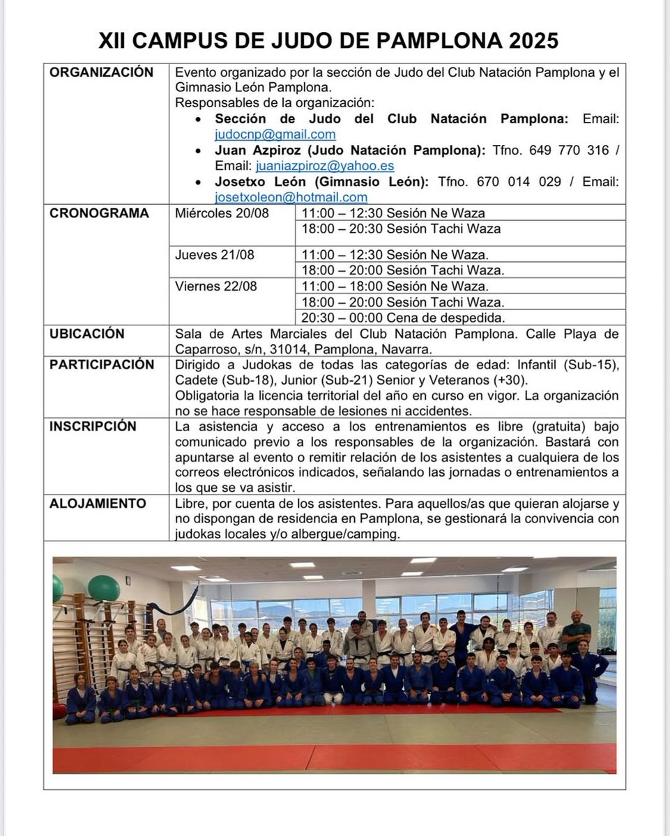 clubnatacion's tweet photo. 🥋 ¡Vuelve el Campus de Judo al Club!

📅 20 al 22 de agosto
✅ Gratuito
📍 Para judokas con licencia en vigor

📩 Apúntate escribiendo a:
judocnp@gmail.com | juaniazpiroz@yahoo.es | josetxoleon@hotmail.com
👇🏽
https://t.co/aiTVfZyIOj https://t.co/JHan4wKHUy
