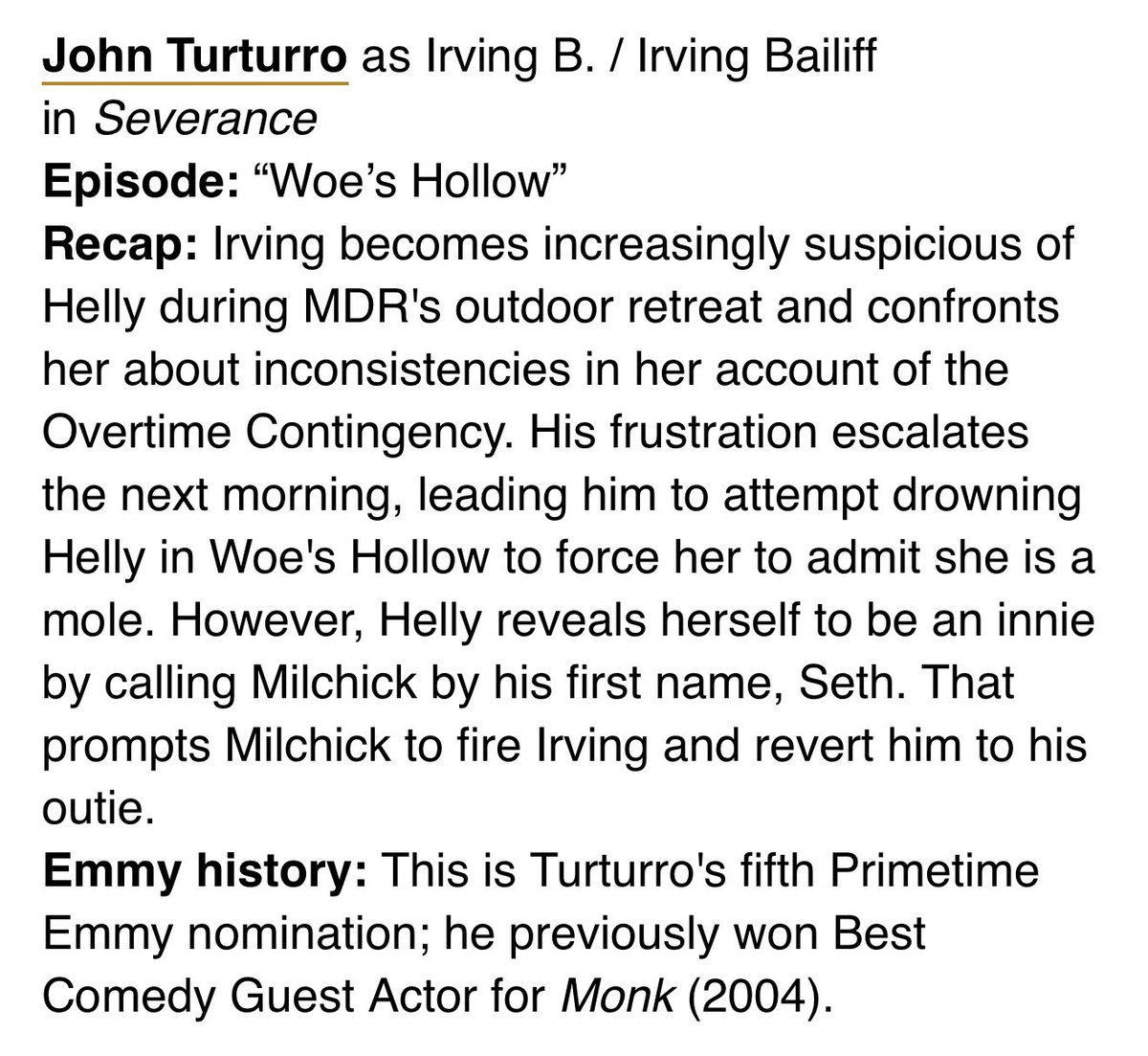 episode submissions for drama supporting actor are out! zach cherry and tramell tillman both did “the after hours” and john turturro did “woe’s hollow”