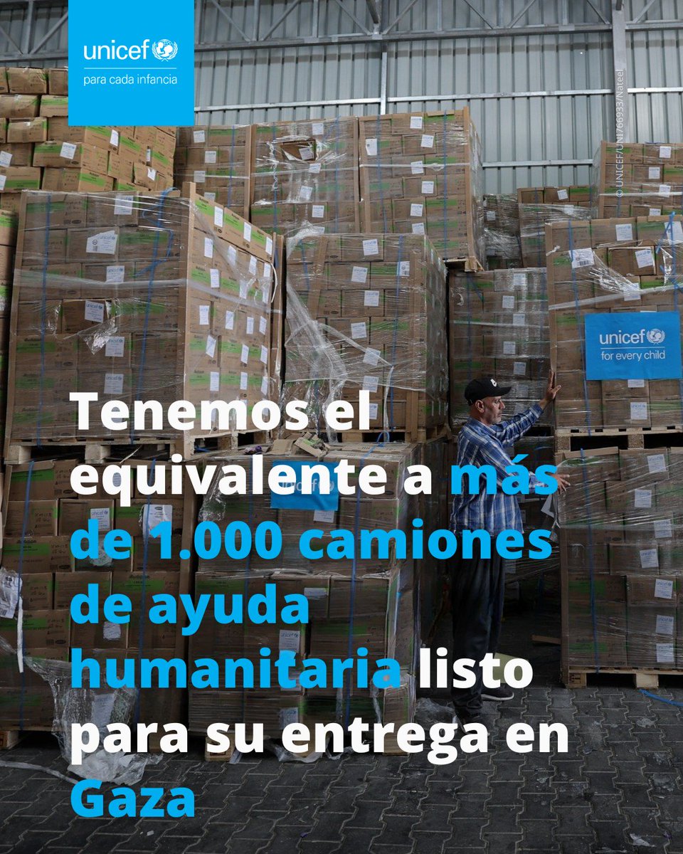 🚛 Más de 1.000 camiones con ayuda vital esperan para entrar en Gaza: alimentos terapéuticos, material médico, agua, higiene, educación… Todo listo. Todo parado.

Cada hora cuenta. El bloqueo a la ayuda humanitaria debe levantarse ya. La infancia en Gaza no puede esperar más