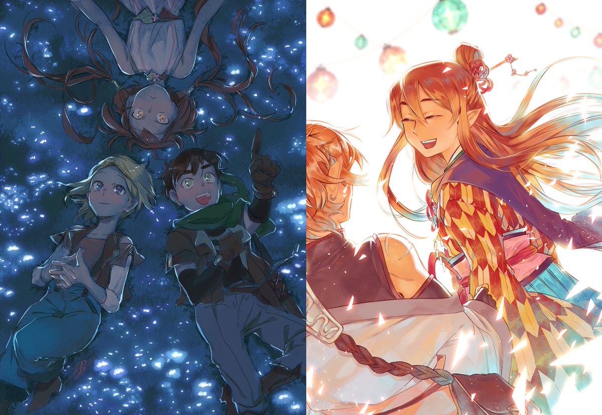 Azuminkun's tweet image. Author of the published manga Wandering souls, the amazing @MIMIZeli !
Look at how vibrant these illustrations are 🥺
The second illustration is the cover she drew for @MHTigg 's artbook. Tigg is also a very talented friend who just finished writing her novel series!