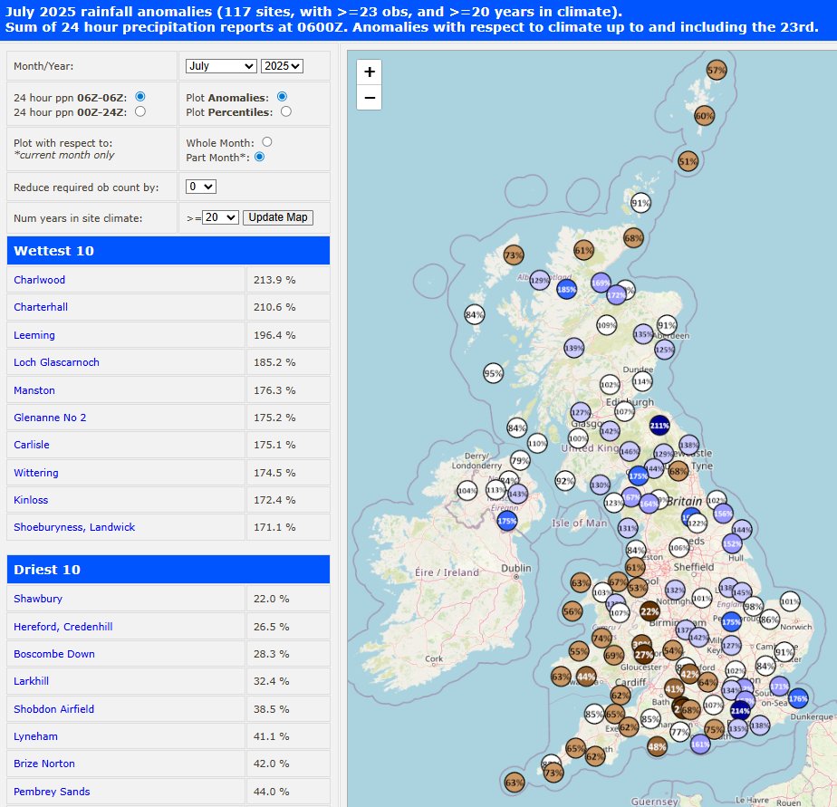 peacockreports's tweet image. It's uncanny how well these past 24 hour rainfall estimates align with the anomalously dry versus wet pattern of July's rainfall through 23rd.
The difference between SW UK & the rest is growing even larger.