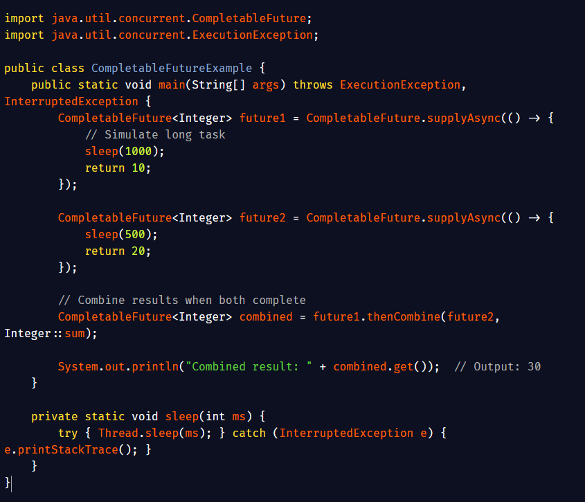 gutsOfDarkness8's tweet image. Mastering Asynchronous Programming with CompletableFuture:
CompletableFuture in Java provides a powerful way to write asynchronous, non-blocking code. It helps you handle multiple tasks concurrently, combine their results, and manage complex workflows without blocking threads.…