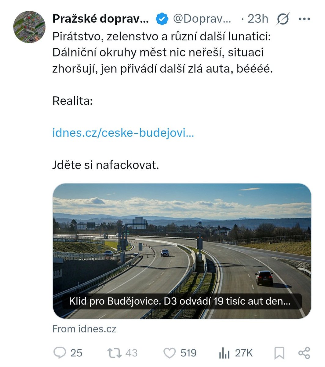 Doprava vs. Město (@obyvatel_prahy) on Twitter photo Když už jsme u toho, Budějovice žádný okruh nedostali a ani nedostanou.
Ale to by bylo pro <a href="/DopravniPeklo/">Pražské dopravní peklo</a> moc mozkové aktivity, kterou volant vygenerovat nedokáže 🤡
Ekvivalent obchvatu Budějic Praha už dávno má. Ale stejně furt bude někdo kňučet kvůli magistrále. Když už jsme u toho, Budějovice žádný okruh nedostali a ani nedostanou.
Ale to by bylo pro <a href="/DopravniPeklo/">Pražské dopravní peklo</a> moc mozkové aktivity, kterou volant vygenerovat nedokáže 🤡
Ekvivalent obchvatu Budějic Praha už dávno má. Ale stejně furt bude někdo kňučet kvůli magistrále.