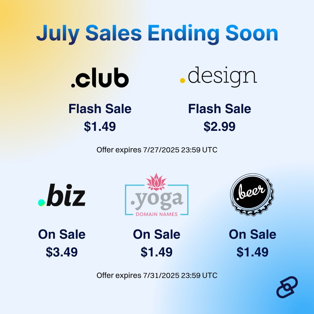 🚨 July Domain Sales Ending Soon 🚨

From creators to communities, Dynadot helps connect you with the right domain and powerful tools to manage it. 

Register domains like .BIZ, .YOGA, .CLUB &amp; more, starting at $1.49! ➡️ dyna.me/HlHzmzo