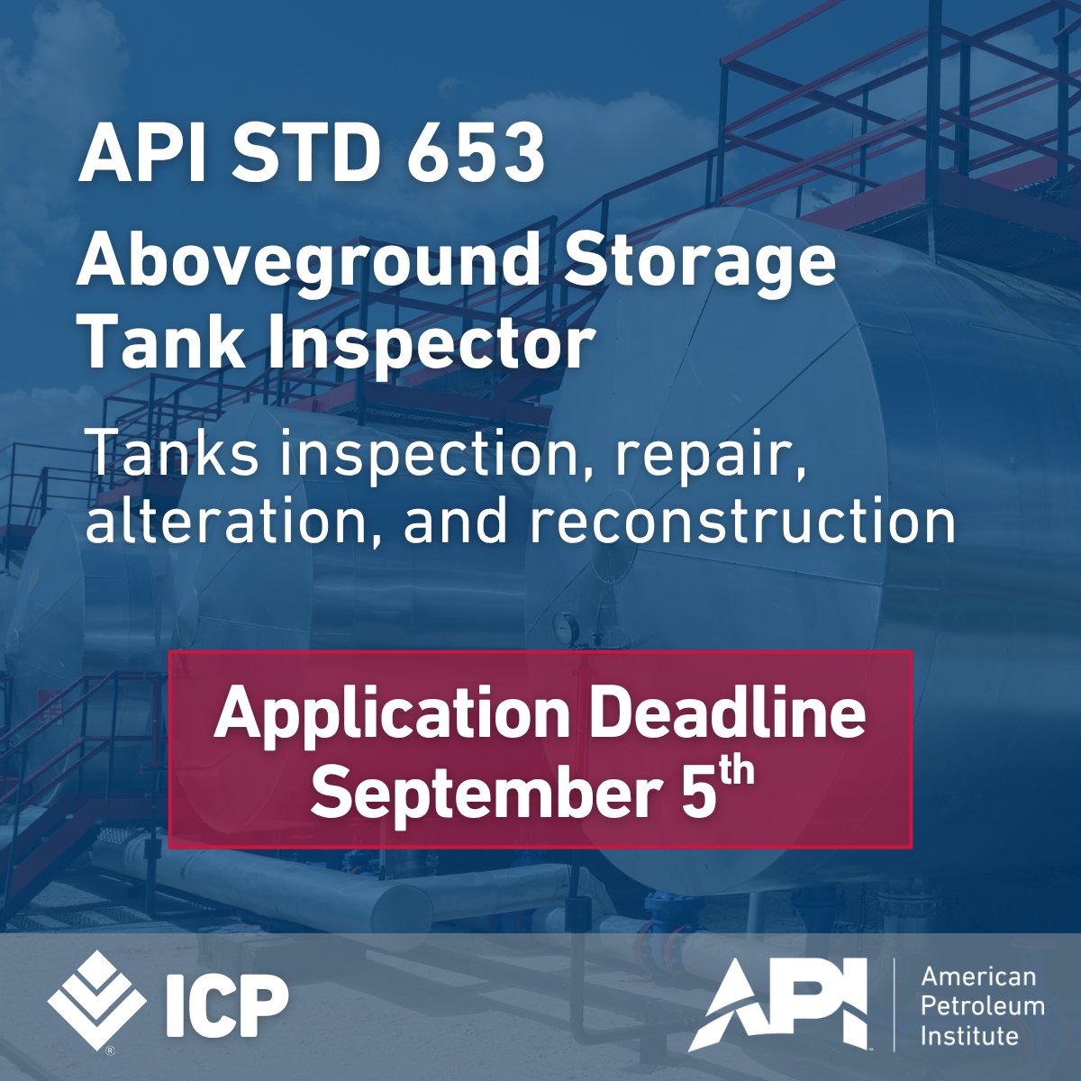 APIGlobal's tweet image. Earn industry-wide respect with the API 653 Aboveground Storage Tank Inspector Certification. Apply for this upcoming API ICP exam today and gain a competitive advantage in your career!
📅 Apply by September 5th
🔗 Apply here: hubs.la/Q03yJWbQ0