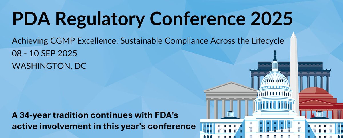 PDA (@pdaonline) on Twitter photo Meet FDA Leaders Driving CGMP Excellence in 2025!
Join us 8–10 September 2025 in Washington, DC for the PDA Regulatory Conference 2025.
Keep your regulatory perspective sharp—register now. 
hubs.ly/Q03y04P30
 #CGMP #FDA #PharmaConference #QualityManufacturing Meet FDA Leaders Driving CGMP Excellence in 2025!
Join us 8–10 September 2025 in Washington, DC for the PDA Regulatory Conference 2025.
Keep your regulatory perspective sharp—register now. 
hubs.ly/Q03y04P30
 #CGMP #FDA #PharmaConference #QualityManufacturing