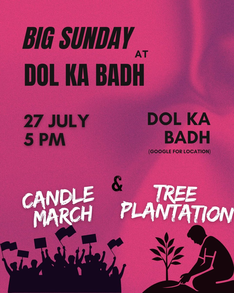 हरियाली तीज के अवसर पर 
27 जुलाई को शाम 5 बजे डोल का बाढ़ में इस रविवार के लिए हमारे साथ जुड़ें!

लोकेशन: maps.app.goo.gl/hU2CVYPukfRVVY…

हम हरियाली तीज का जश्न वृक्षारोपण, संगीत समारोह और कैंडल मार्च के साथ मनाएंगे।

अपने दोस्तों और परिवार को भी साथ लाएँ!