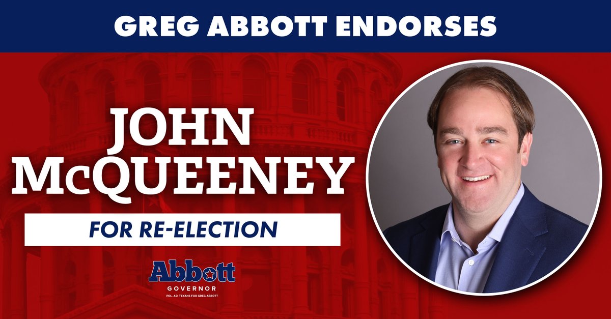 Texans for Abbott (@abbottcampaign) on Twitter photo Today, Governor <a href="/GregAbbott_TX/">Greg Abbott</a> backed <a href="/JohnMcQueeneyTX/">John McQueeney</a> for the Texas House.
This session, John voted to protect our kids from sexual content in schools, secured bail reform legislation, and passed property tax relief for Texans. Today, Governor <a href="/GregAbbott_TX/">Greg Abbott</a> backed <a href="/JohnMcQueeneyTX/">John McQueeney</a> for the Texas House.
This session, John voted to protect our kids from sexual content in schools, secured bail reform legislation, and passed property tax relief for Texans.